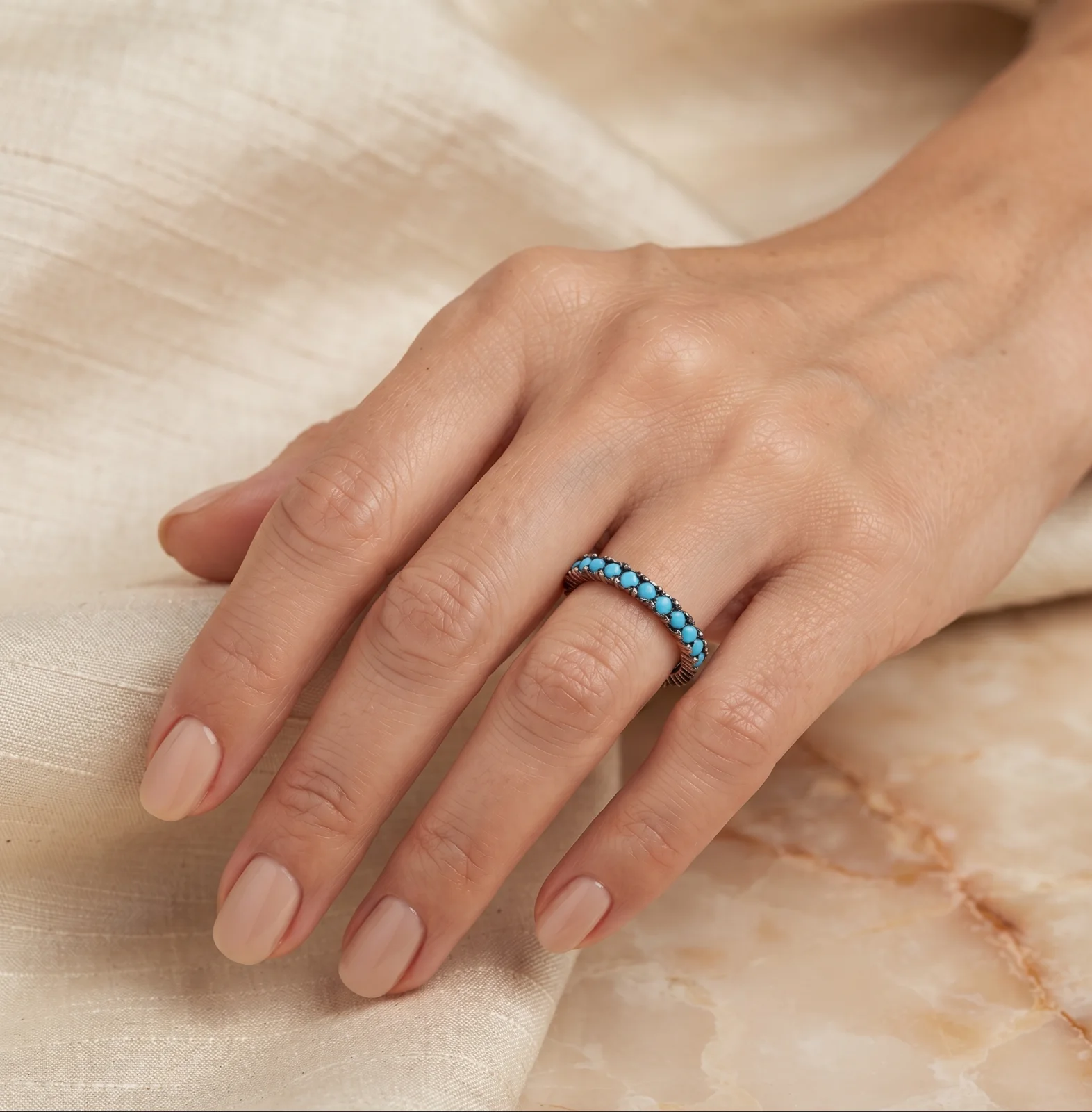 925 Ayar Gümüş Turkuaz Mavi Taşlı Rose Gold Kaplama Tamtur Yüzük – Görsel 3